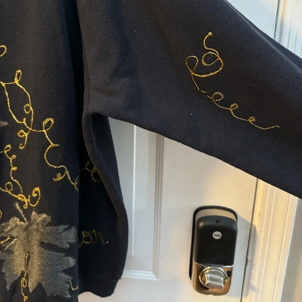 90’s Embroidered HandPainted Fall Black & Gold Leaf Sweatershirt Grannycore Lg - Picture 10 of 13